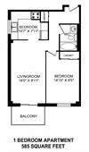 One bedroom, one bathroom apartment layout at Dorchester Apartments in Niagara Falls, ON