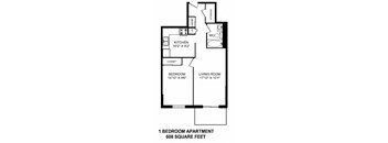 One bedroom, one bathroom apartment layout at Dorchester Apartments in Niagara Falls, ON