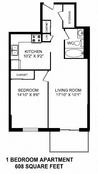 One bedroom, one bathroom apartment layout at Dorchester Apartments in Niagara Falls, ON