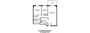 Two bedroom, one bathroom apartment layout at Dorchester Apartments in Niagara Falls, ON