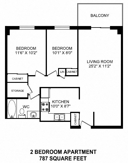Two bedroom, one bathroom apartment layout at Dorchester Apartments in Niagara Falls, ON