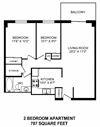 Two bedroom, one bathroom apartment layout at Dorchester Apartments in Niagara Falls, ON