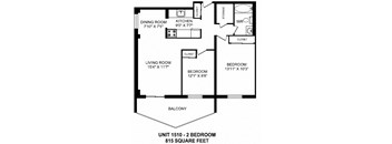 Two bedroom, one bathroom apartment layout at Concorde Apartments in Ottawa, ON