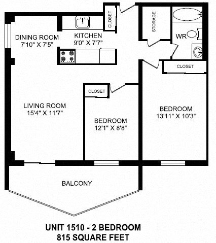 Two bedroom, one bathroom apartment layout at Concorde Apartments in Ottawa, ON
