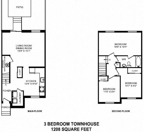 Three bedroom, one bathroom apartment layout at Concorde Apartments in Ottawa, ON