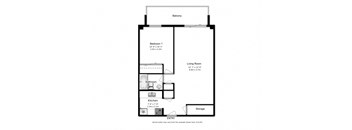 Floor plan of 1 bed, 1 bath, balcony and amenity access at Marlan Towers in Owen Sound, ON