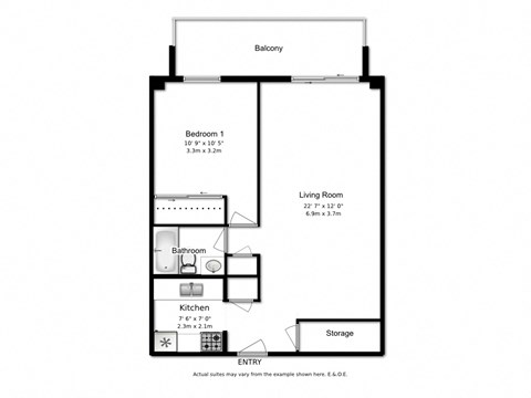 Floor plan of 1 bed, 1 bath, balcony and amenity access at Marlan Towers in Owen Sound, ON