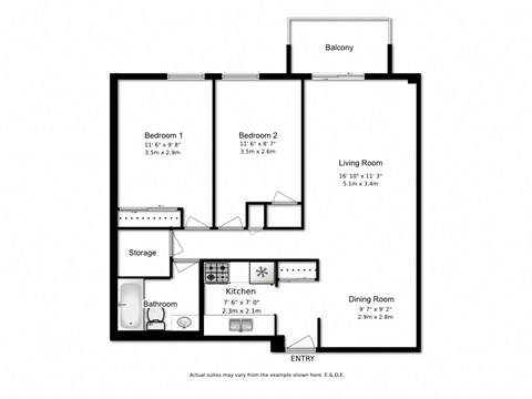 Floor plan of 2 bed, 1 bath, generous contemporary suites at Marlan Towers in Owen Sound, ON