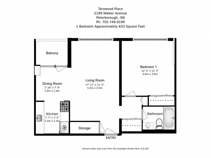 One bedroom, one bathroom apartment layout at Tarawood Place in Peterborough, ON