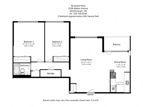 Two bedroom, one bathroom apartment layout at Tarawood Place in Peterborough, ON