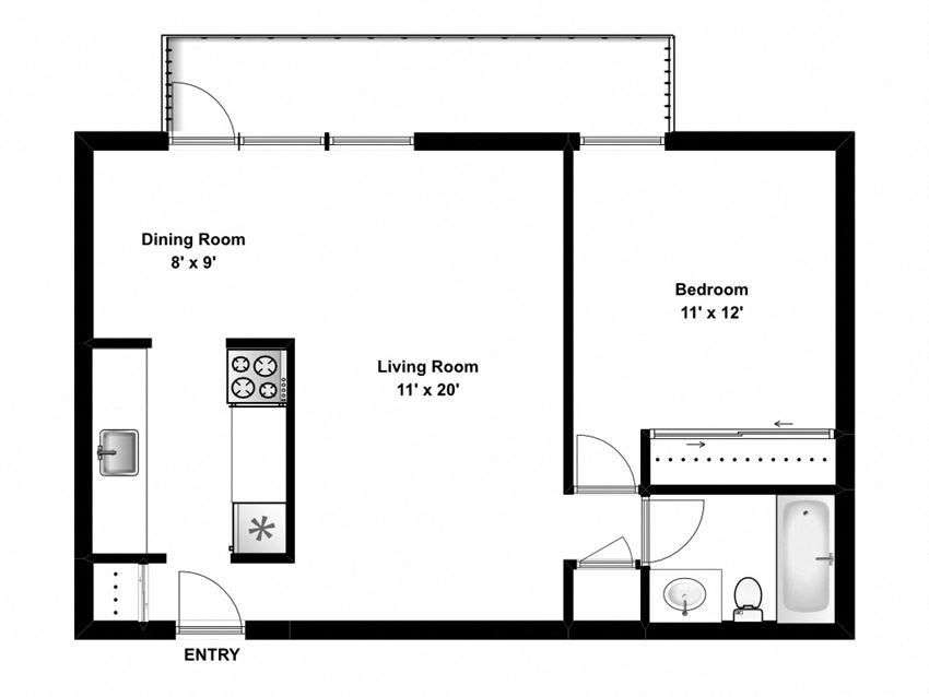 Relax in open concept, luxury suites with city views Floor plan of 1 bed, 1 bath, modern suite with balcony
