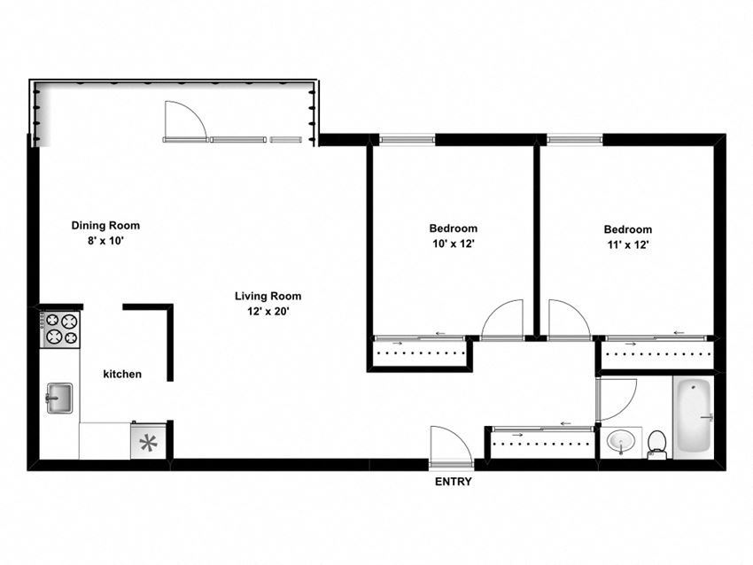 Enjoy spacious, open concept design in modern suites Floor plan of 2 bed, 1 bath, generous apartments with balcony