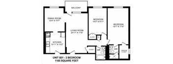 Two bedroom, two bathroom apartment layout at Fairway Towers in Sarnia, ON