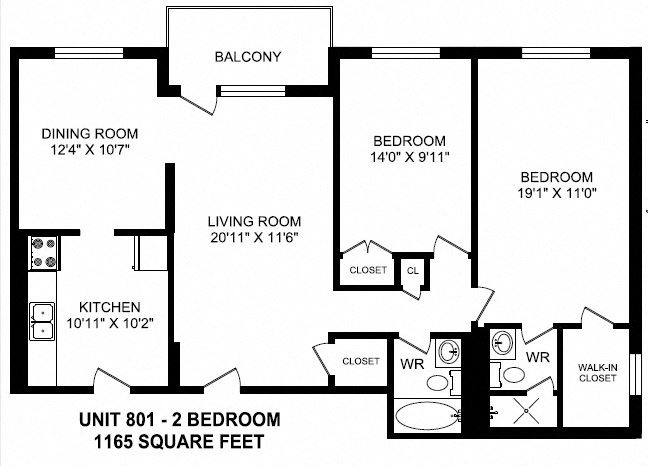 Two bedroom, two bathroom apartment layout at Fairway Towers in Sarnia, ON