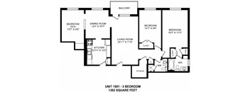 Three bedroom, two bathroom apartment layout at Fairway Towers in Sarnia, ON