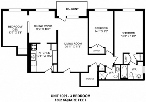 Three bedroom, two bathroom apartment layout at Fairway Towers in Sarnia, ON