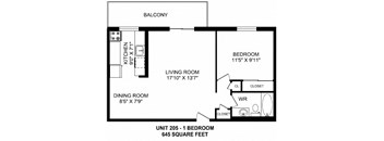 One bedroom, one bathroom apartment layout at High Park Apartments in Sarnia, ON