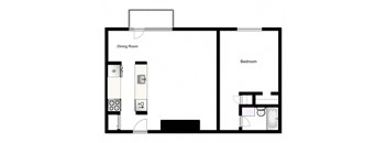 One bedroom, one bathroom apartment layout at London Road Apartments in Sarnia, ON