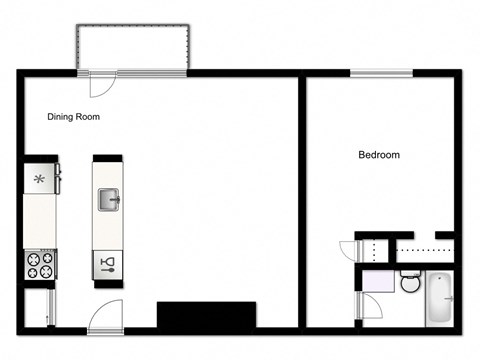 One bedroom, one bathroom apartment layout at London Road Apartments in Sarnia, ON