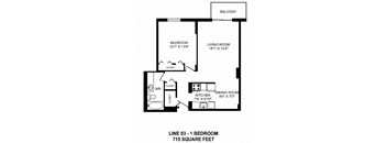 One bedroom, one bathroom apartment layout at Victoria Place in Saskatoon, SK