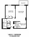 One bedroom, one bathroom apartment layout at Victoria Place in Saskatoon, SK