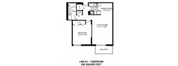 One bedroom, one bathroom apartment layout at Victoria Place in Saskatoon, SK