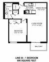 One bedroom, one bathroom apartment layout at Victoria Place in Saskatoon, SK