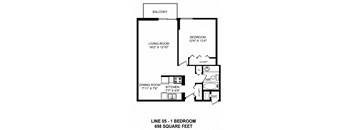 One bedroom, one bathroom apartment layout at Victoria Place in Saskatoon, SK