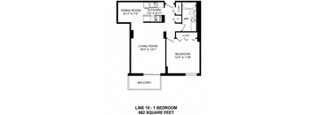 One bedroom, one bathroom apartment layout at Victoria Place in Saskatoon, SK