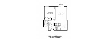 One bedroom, one bathroom apartment layout at Victoria Place in Saskatoon, SK
