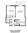 One bedroom, one bathroom apartment layout at Victoria Place in Saskatoon, SK