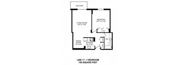 One bedroom, one bathroom apartment layout at Victoria Place in Saskatoon, SK