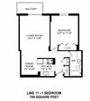 One bedroom, one bathroom apartment layout at Victoria Place in Saskatoon, SK
