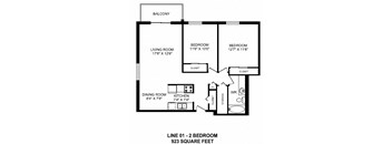 Two bedroom, one bathroom apartment layout at Victoria Place in Saskatoon, SK