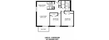 Two bedroom, one bathroom apartment layout at Victoria Place in Saskatoon, SK