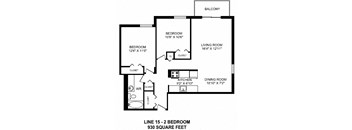 Two bedroom, one bathroom apartment layout at Victoria Place in Saskatoon, SK