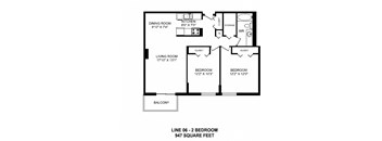 Two bedroom, one bathroom apartment layout at Victoria Place in Saskatoon, SK
