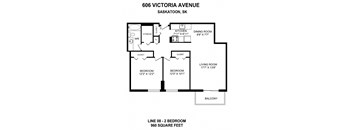 Two bedroom, one bathroom apartment layout at Victoria Place in Saskatoon, SK