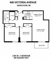 Two bedroom, one bathroom apartment layout at Victoria Place in Saskatoon, SK