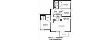 Three bedroom, one bathroom apartment layout at Victoria Place in Saskatoon, SK