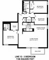 Three bedroom, one bathroom apartment layout at Victoria Place in Saskatoon, SK