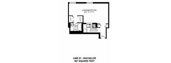 Bachelor, one bathroom apartment layout at Victoria Place in Saskatoon, SK