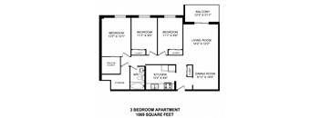 Three bedroom, one bathroom apartment layout at Linden Court in St. Catharines, ON