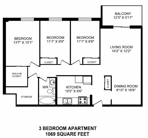 Three bedroom, one bathroom apartment layout at Linden Court in St. Catharines, ON