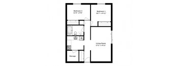 Two bedroom, one bathroom apartment layout at Oakdale Heights in St. Catharines, ON
