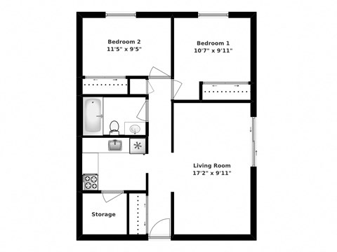 Two bedroom, one bathroom apartment layout at Oakdale Heights in St. Catharines, ON