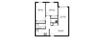 Two bedroom, one bathroom apartment layout at Oakdale Heights in St. Catharines, ON