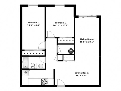 Two bedroom, one bathroom apartment layout at Oakdale Heights in St. Catharines, ON