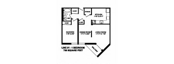 One bedroom, one bathroom apartment layout at Sunset Towers in St. Thomas, ON