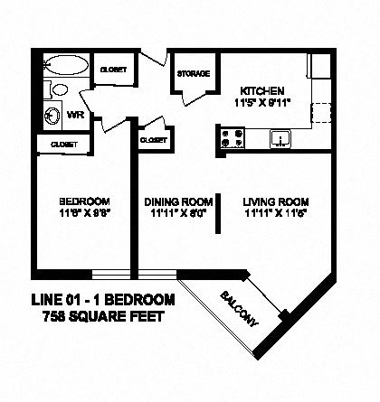 One bedroom, one bathroom apartment layout at Sunset Towers in St. Thomas, ON